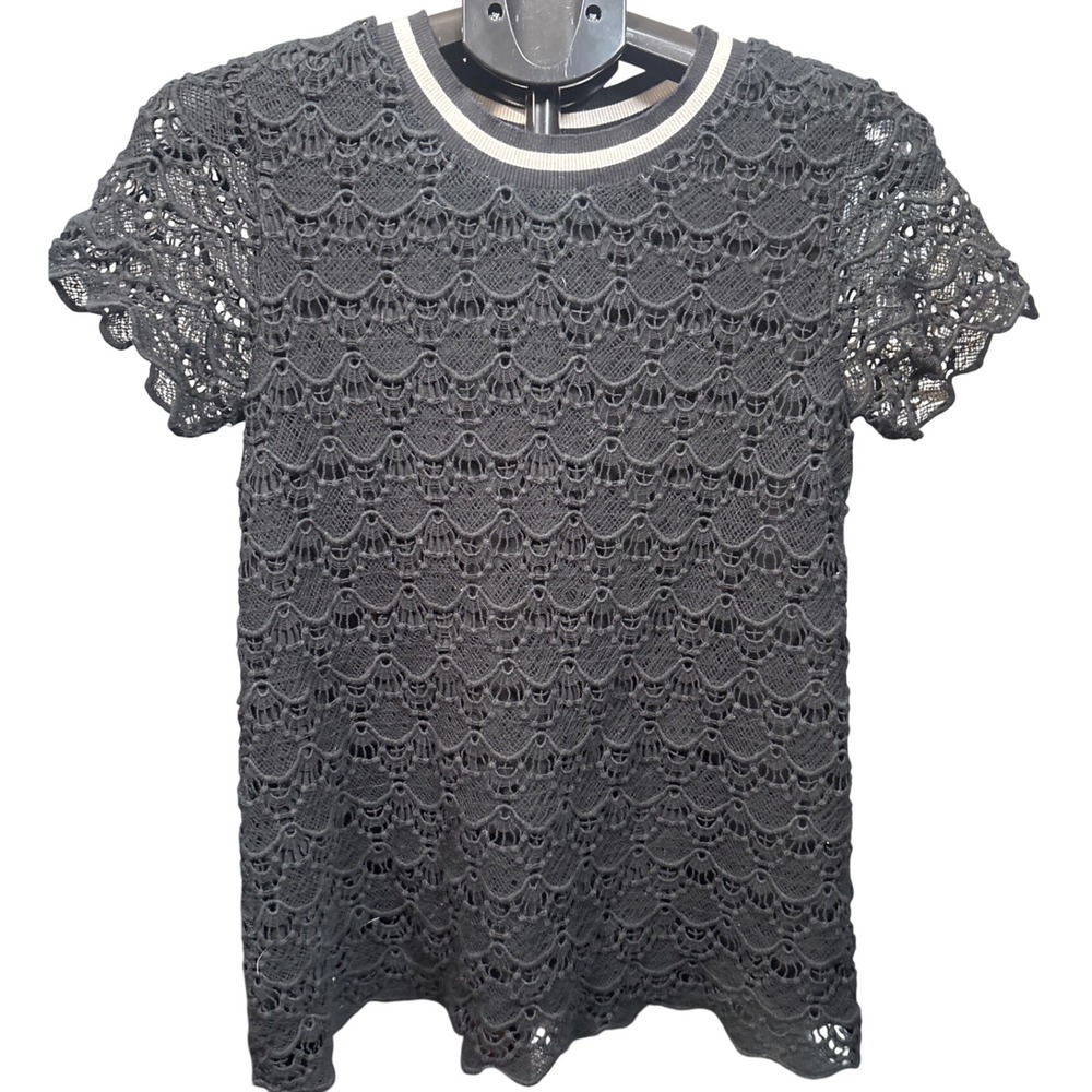 Avec Les Filles Black Crochet Lace Top Contrast Trim Lined Size XS